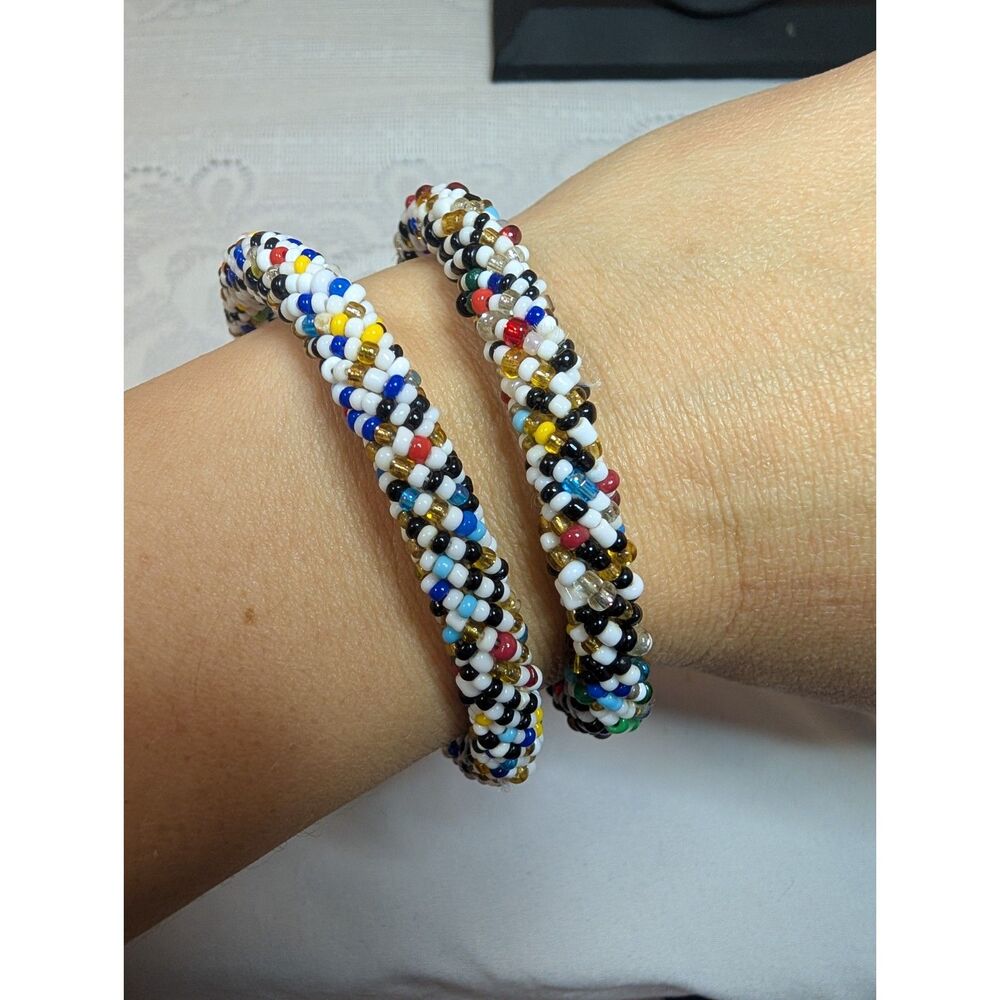 Vintage Hand Crochet Glass Seed Bead Multi Color Roll On Bangle Bracelets